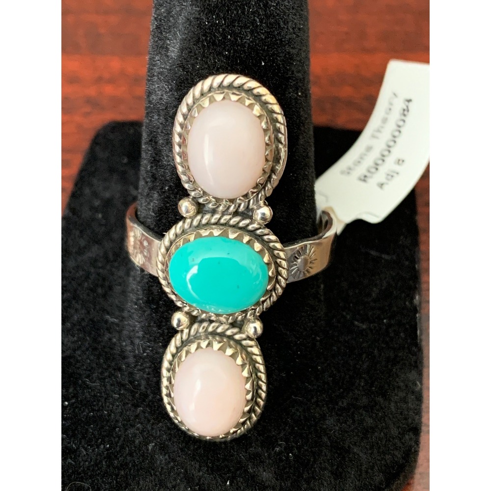 925 Silver Mohave Turquoise Pink Opal Adjustable Ring Stamped 3 Stone Crawler